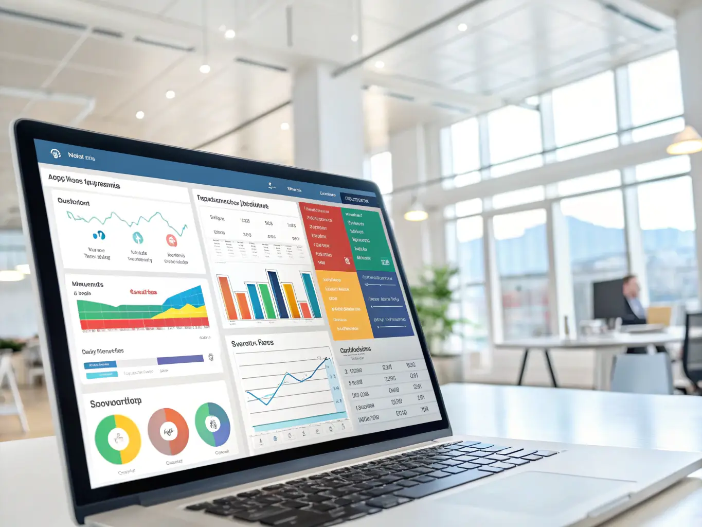 An image showcasing a sleek dashboard interface of an AI-powered CRM system with graphs and customer data analytics, highlighting its user-friendly design and data visualization capabilities.