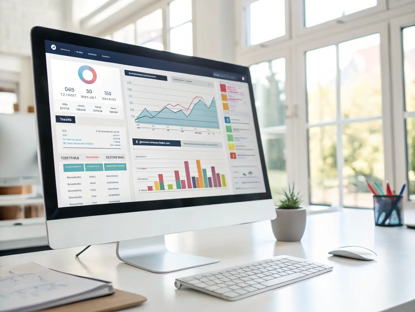 A visually striking image of an automated CRM system interface, highlighting data analytics and customer relationship management features, set in a modern office environment.