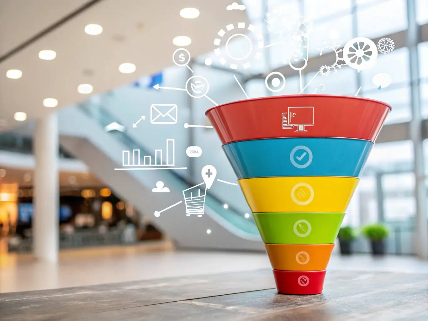 An illustration of a digital funnel with AI icons and high-quality leads flowing into a CRM system, emphasizing the effectiveness of AI in attracting and converting leads.