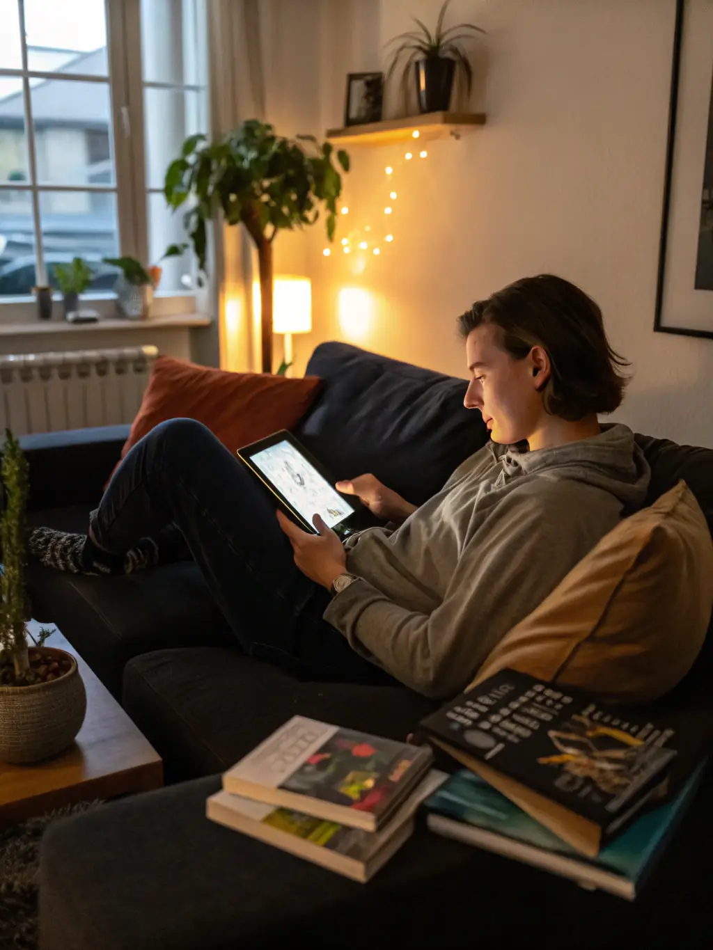A person watching an AI tutorial on a tablet, showcasing the accessibility and convenience of Dott-Media's video courses.