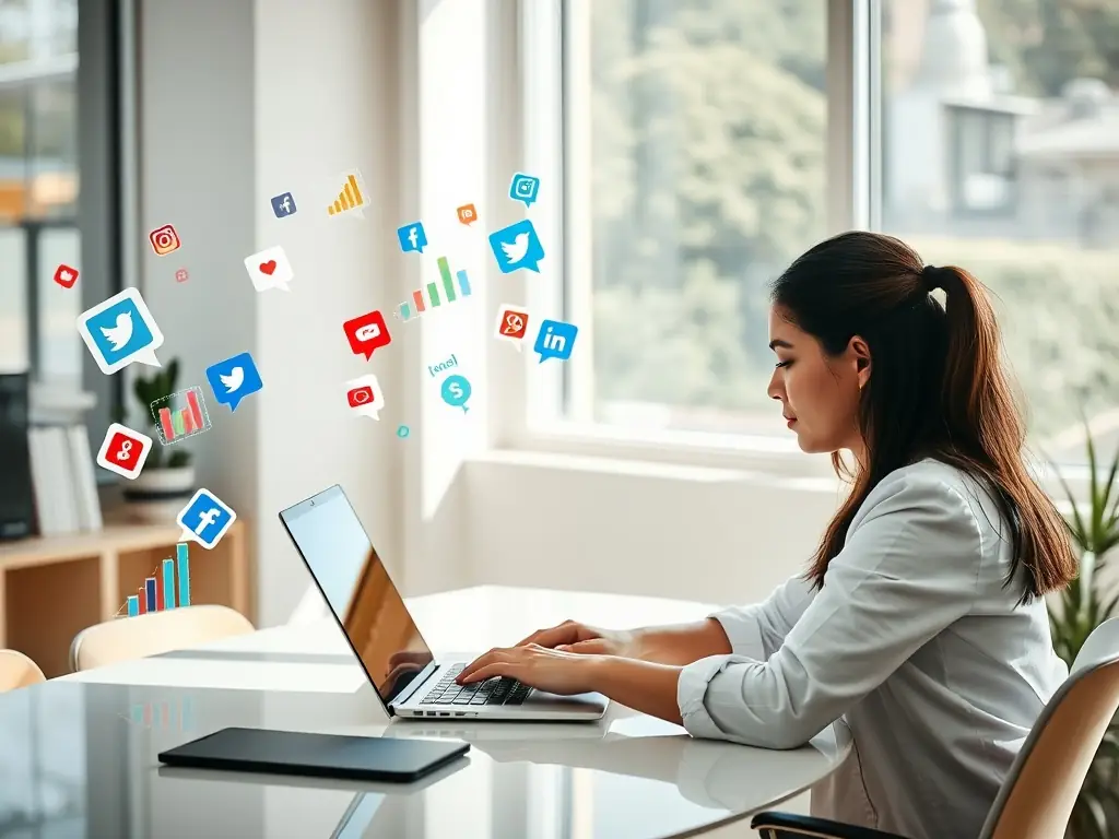 A dynamic digital marketing campaign visual, showcasing various online channels such as social media, email marketing, and search engine optimization, all converging to generate high-quality leads for a business.