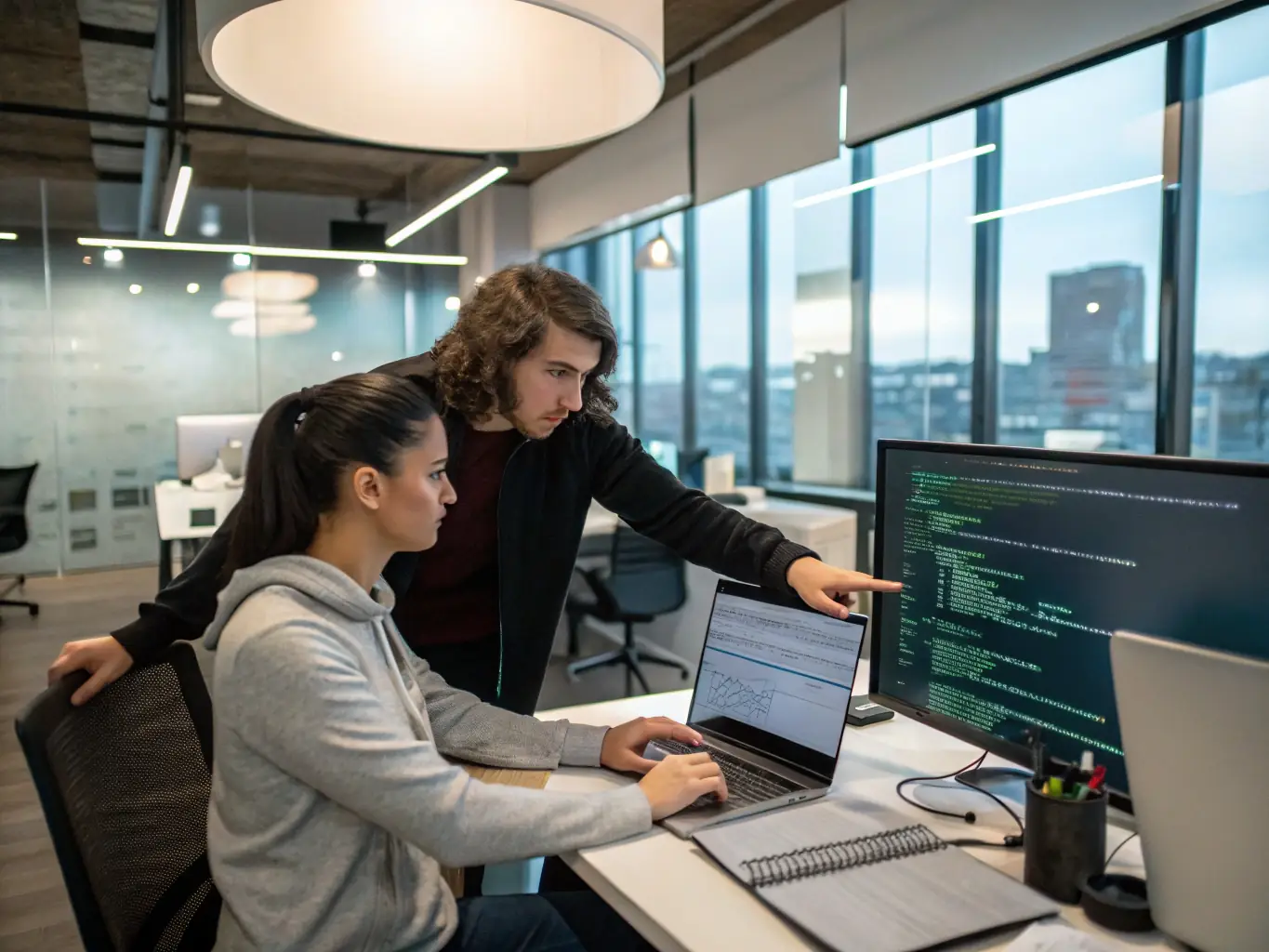 A sleek, modern website design interface with developers working on custom code, integrating AI functionalities, and ensuring seamless user experience across various devices.