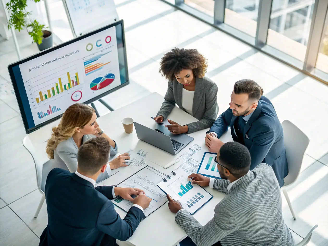 A professional workspace featuring a team collaborating on AI-powered CRM software, analyzing customer data on multiple screens, with charts and graphs illustrating improved sales efficiency and customer engagement.