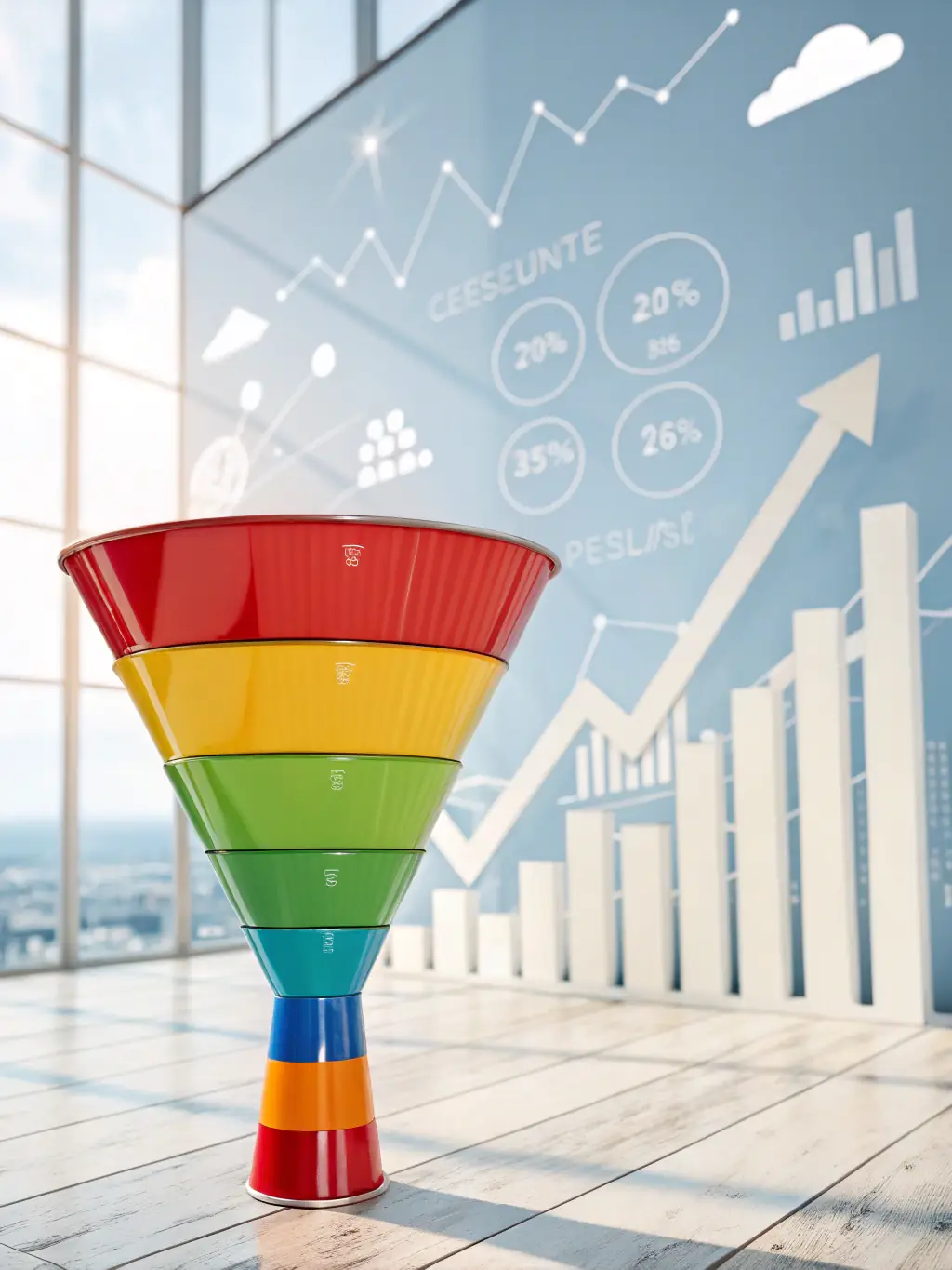 A dynamic image illustrating lead generation, featuring a funnel with leads flowing through it, converting into customers. The image should represent growth and success.