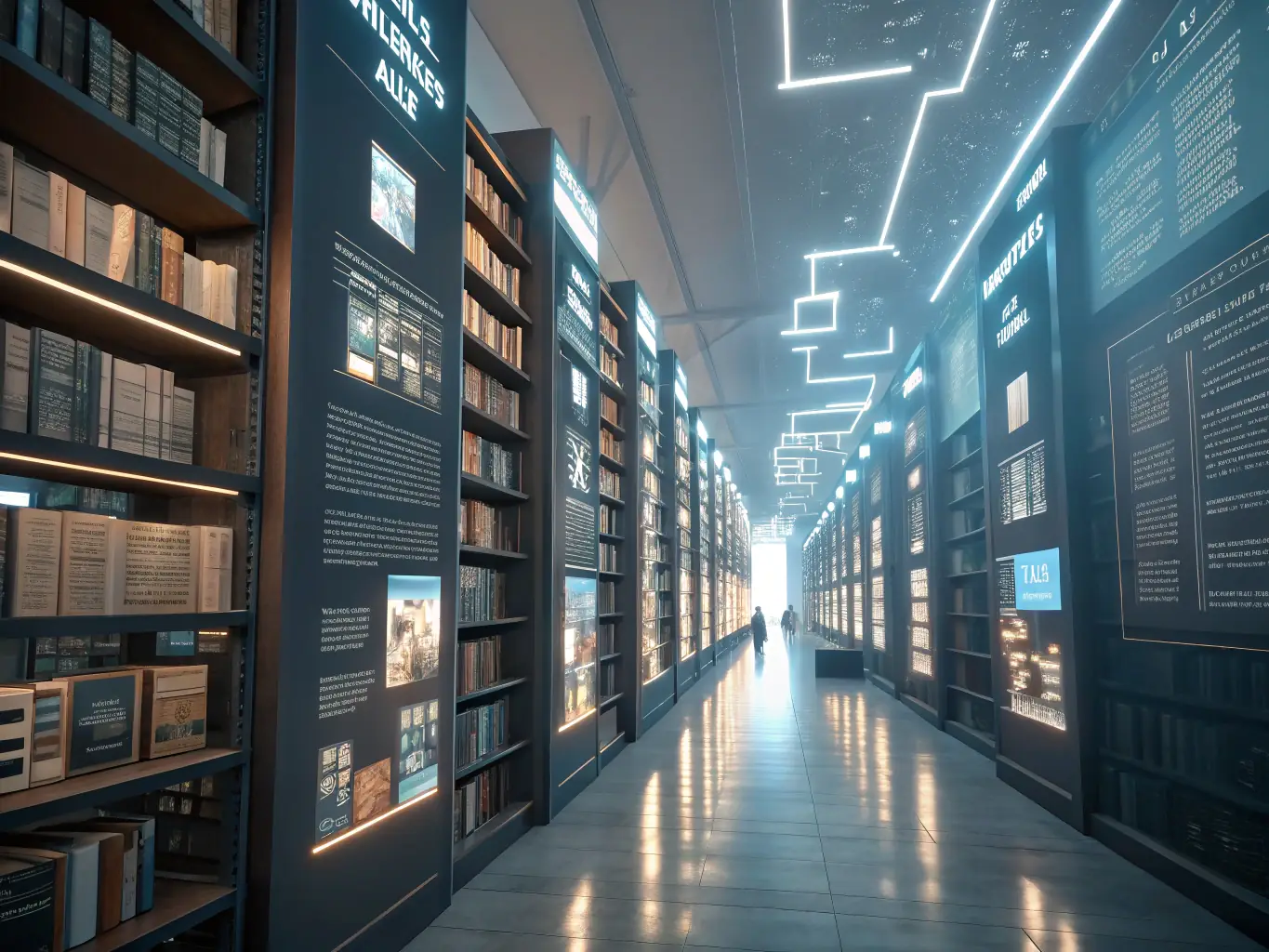 An engaging image of an open e-book with glowing text and abstract AI patterns, representing the wealth of knowledge and insights available in our e-book collection.